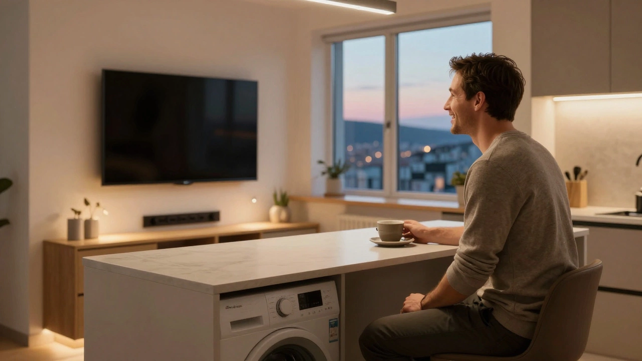 Счастливый хозяин в идеально спроектированной кухне с скрытыми розетками и тёплым освещением.