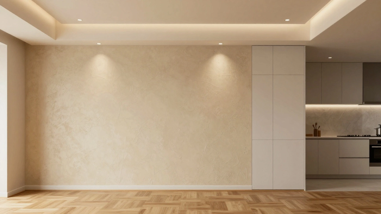 Современная комната с декоративной штукатуркой, натяжным потолком и паркетным полом — акцент на материалах отделки.