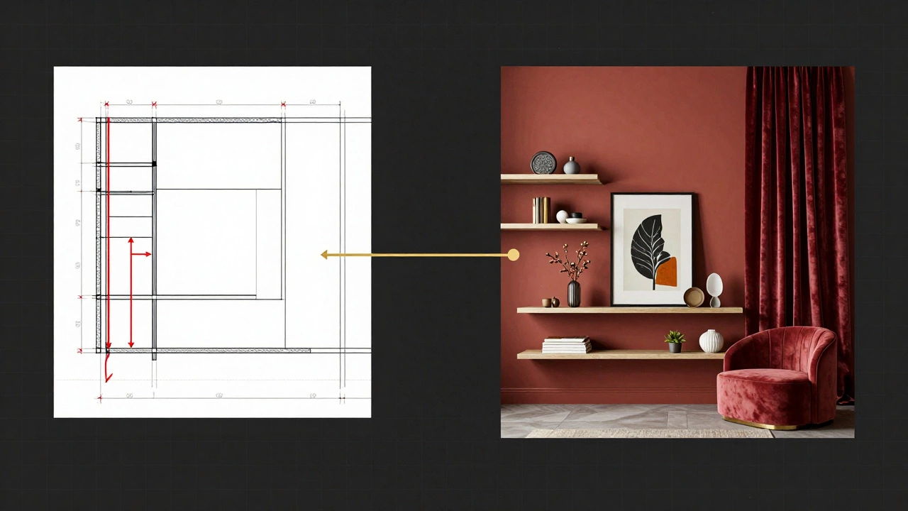 Сравнение: слева — технический план перепланировки, справа — уютный интерьер с декором.