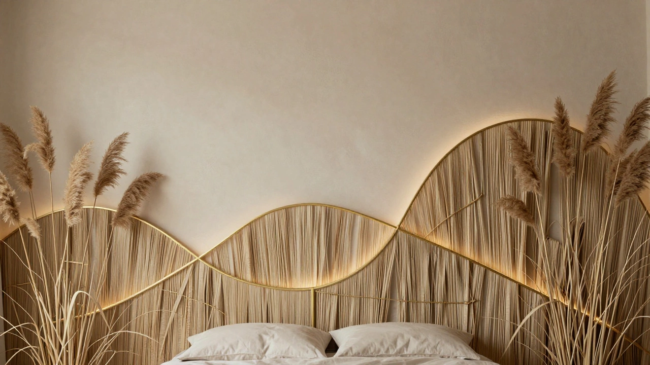 Стена из сплетённого камыша и латунных вставок, создающая уютную, дышащую текстуру в скандинавском стиле.