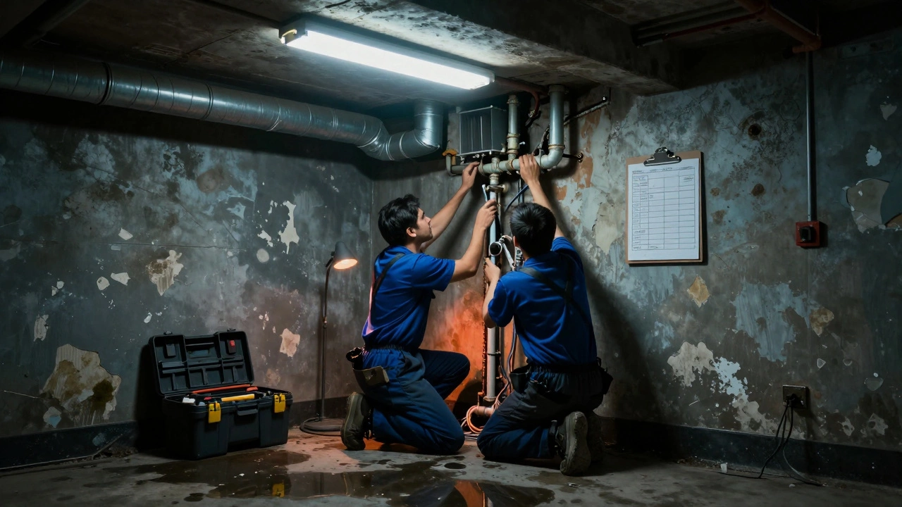 Техники осматривают и заменяют трубы и вентиляцию в подвале многоквартирного дома.