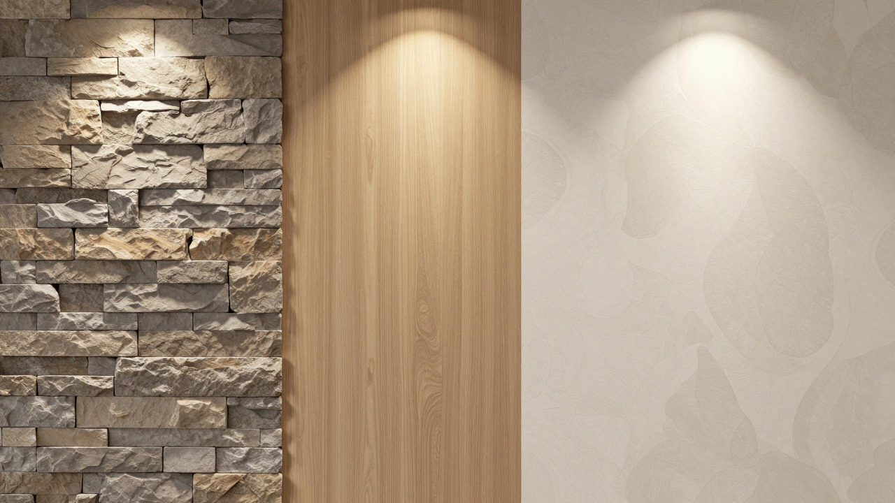 Три вида стеновых покрытий рядом: камень, МДФ-панели и жидкие обои, подчеркивающие разницу текстур.