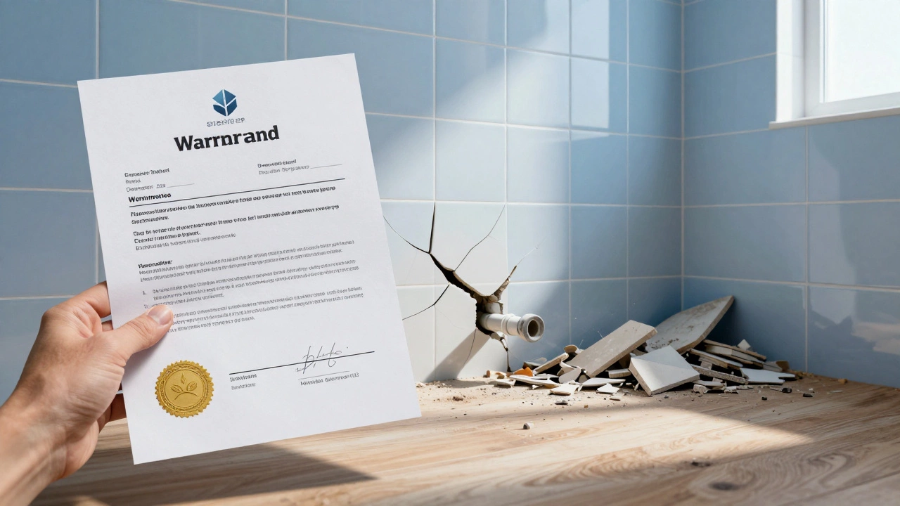 Гарантийный документ рядом с дефектами ремонта и чисто законченной ванной комнатой.