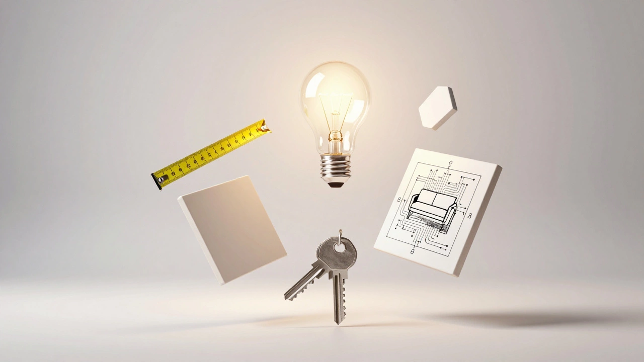 Ключ висит над интерьером, окруженный символами этапов дизайна: измерения, свет, материалы, схемы.