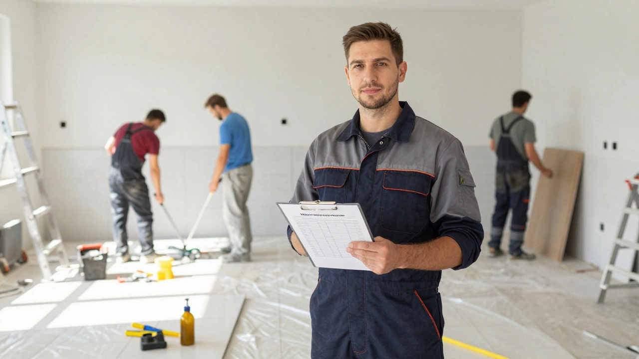 Мастер в форме на чистом объекте с подписанной актом сдачи-приемки и аккуратно организованной рабочей зоной.