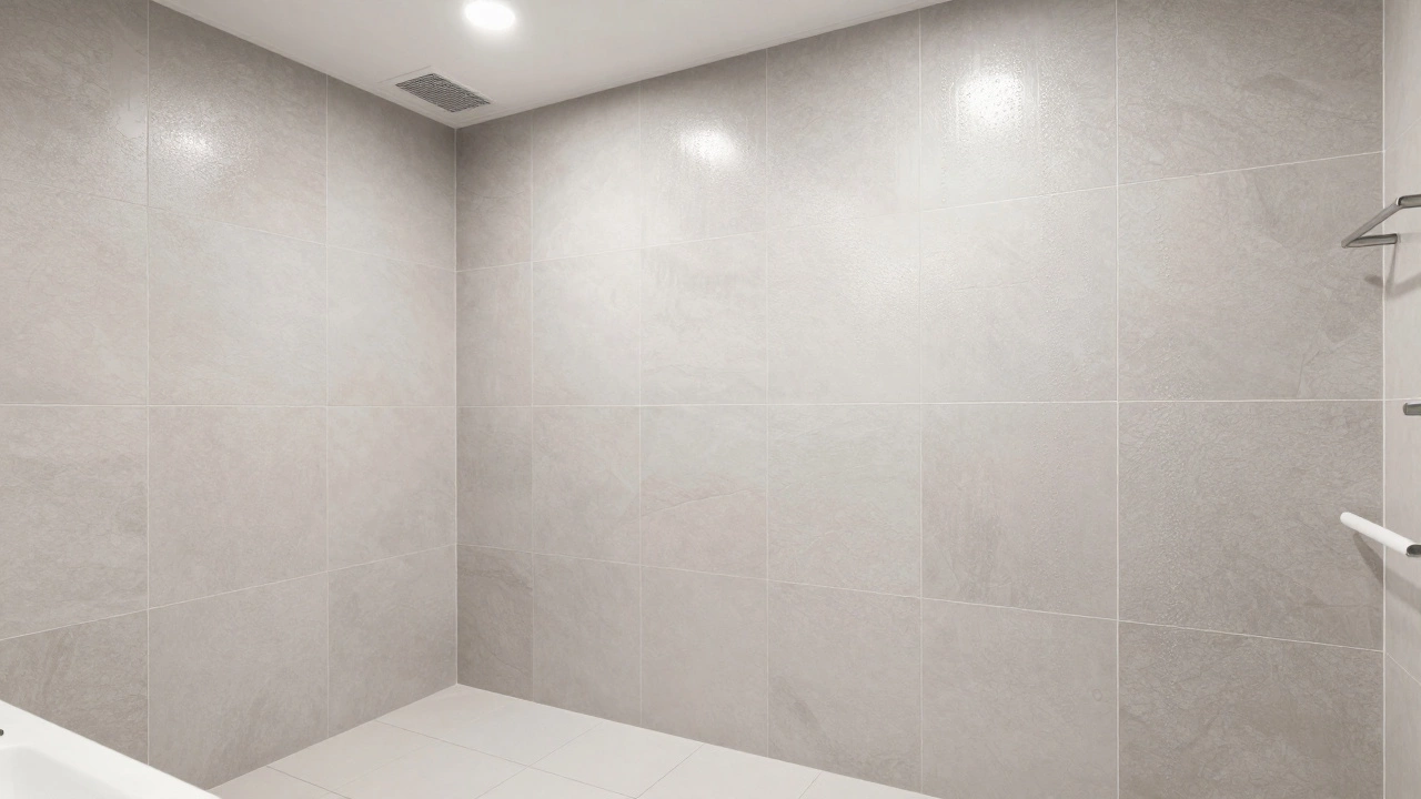 Панели ПВХ с текстурой камня в ванной комнате с каплями конденсата.