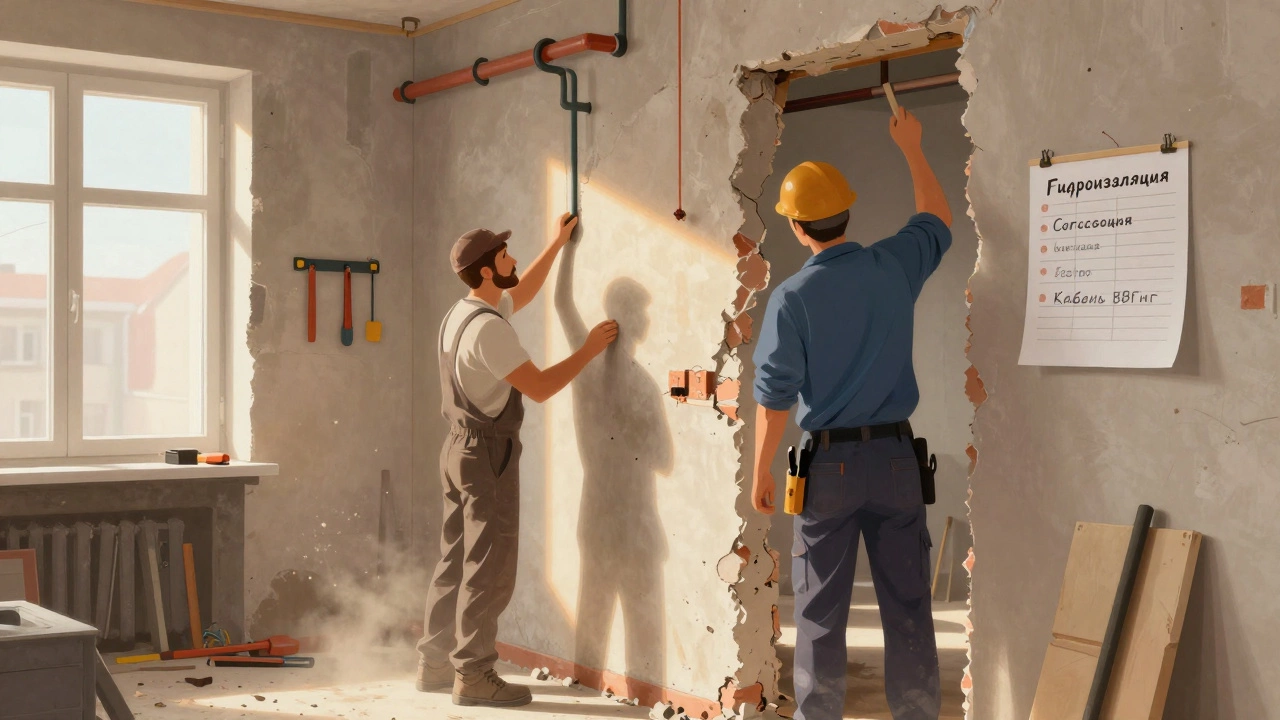 Рабочий демонтирует стену в старой квартире, проверяя трубы и соблюдая контрольный список.