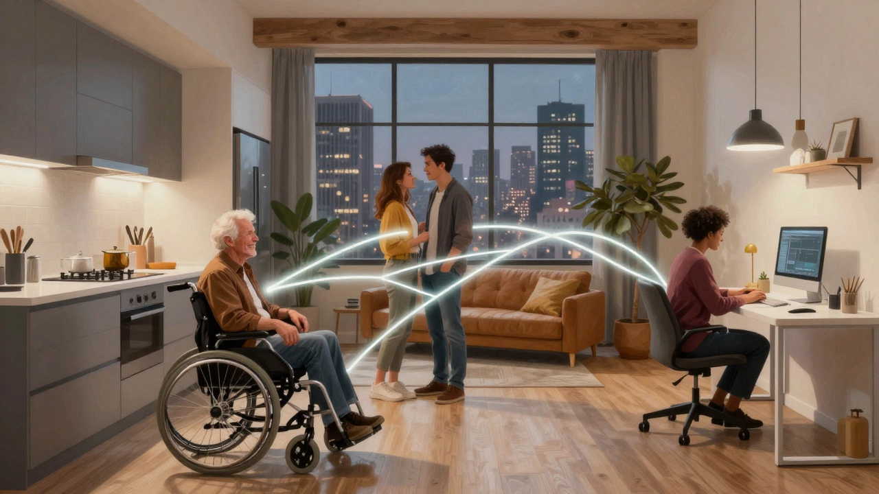 Разнообразные люди в современных интерьерах — пожилой человек, молодая пара и профессионал — символизируют, как дизайн улучшает жизнь.