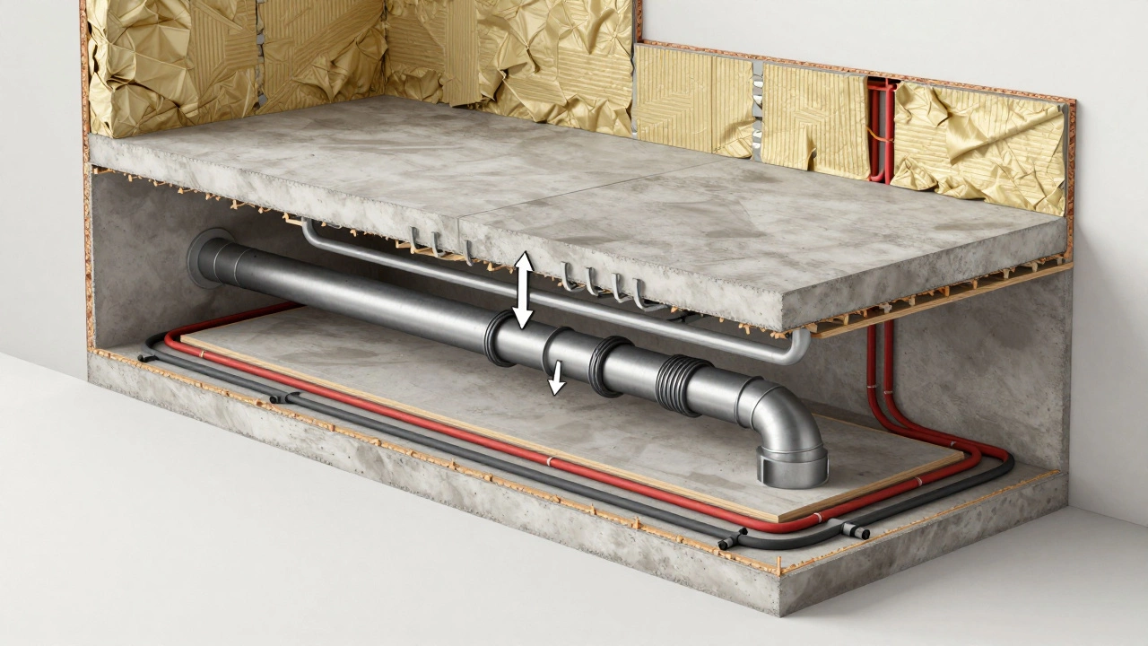 Разрез квартиры с показом слоёв утепления, гидроизоляции, труб и проводки под полом.