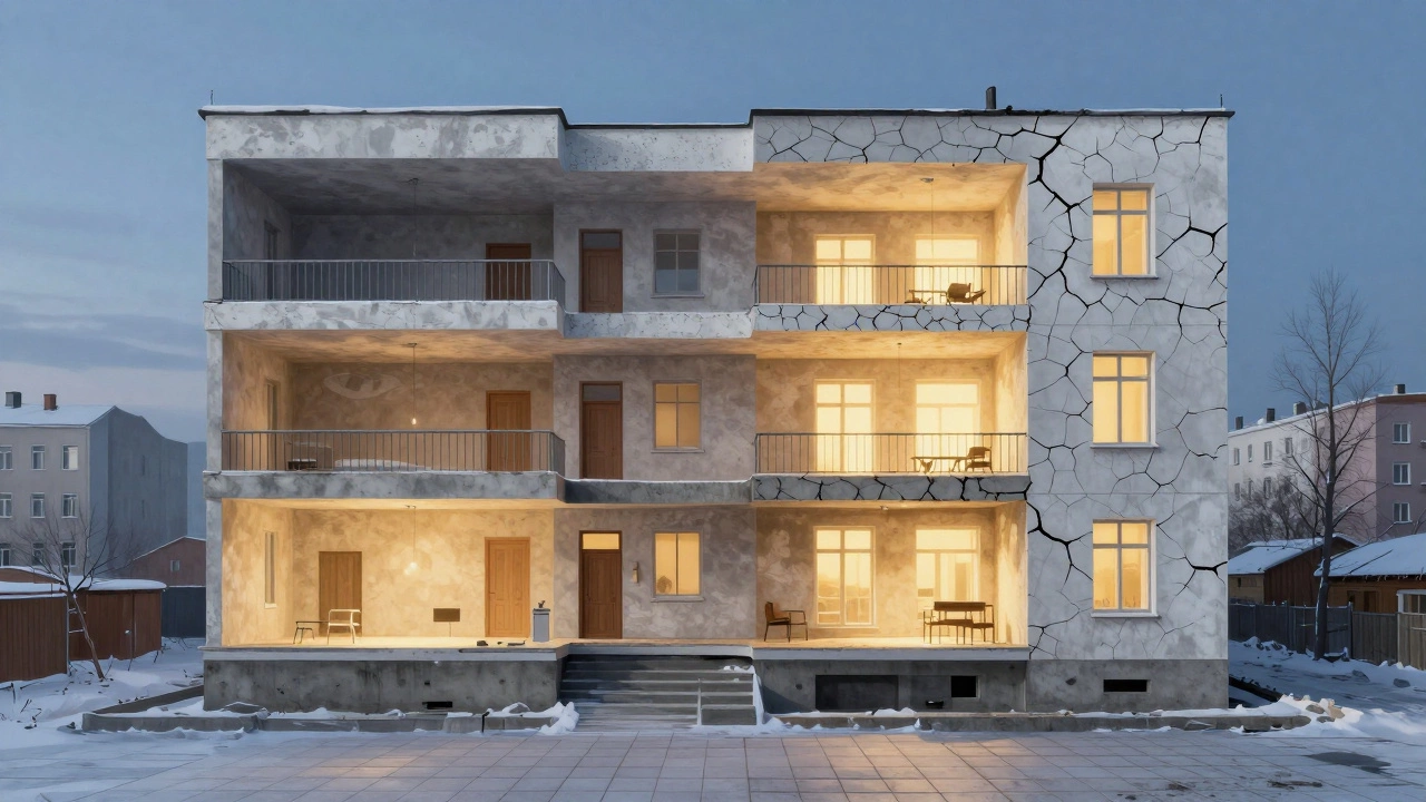 Разрез многоквартирного дома в Владивостоке, показывающий разные виды отделки на разных этажах под зимним небом.