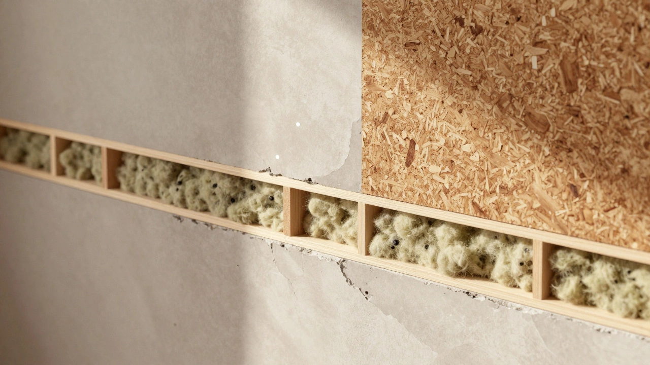 Разрез стены с каркасом, утеплителем и пробковой обшивкой, показывающий вентиляционный зазор.