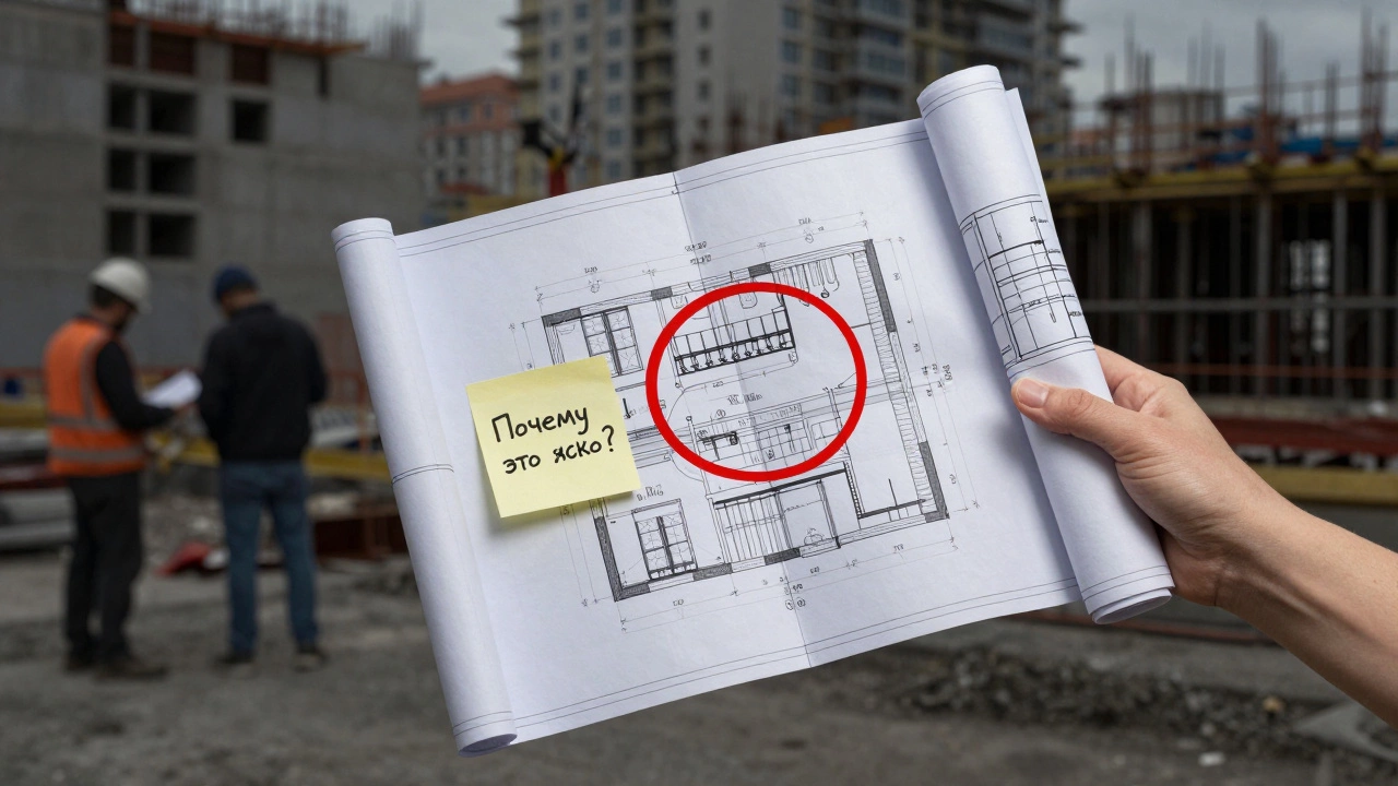 Рука держит архитектурные чертежи с выделенной схемой розеток, на заднем плане — строительная площадка.