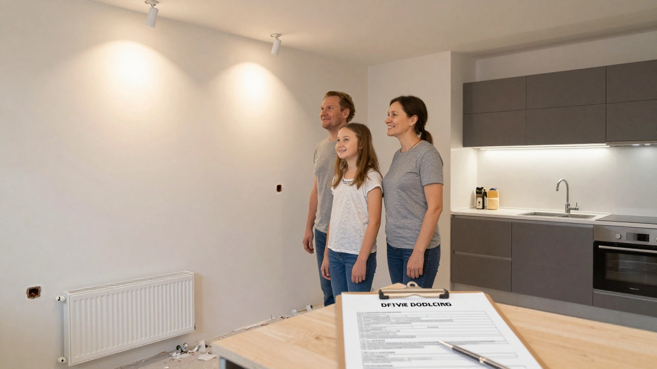 Семья в чисто отделанной квартире с покрашенными стенами, установленными радиаторами и светильниками, всё готово для жизни без строительного мусора.