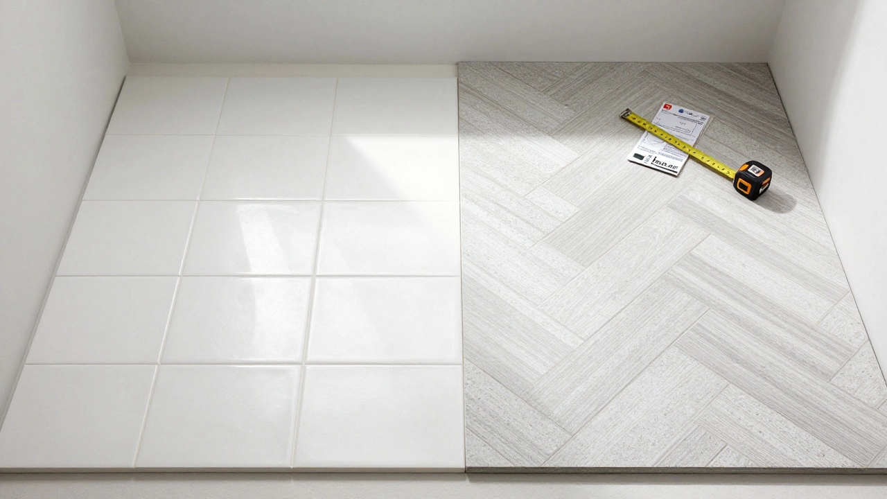 Сравнение двух типов напольной плитки в ванной: простой китайской и сложной итальянской, с инструментами и этикетками материалов.