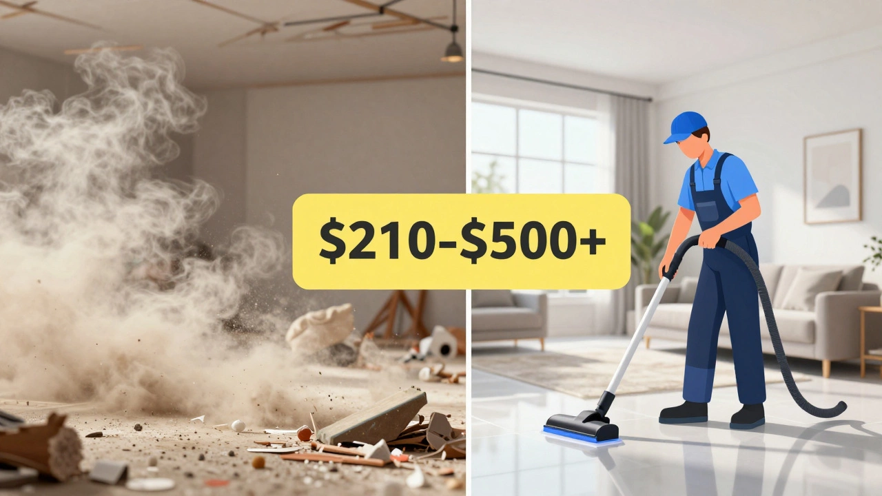 Сравнение грязного строительного мусора и идеально убранного дома после профессиональной уборки.