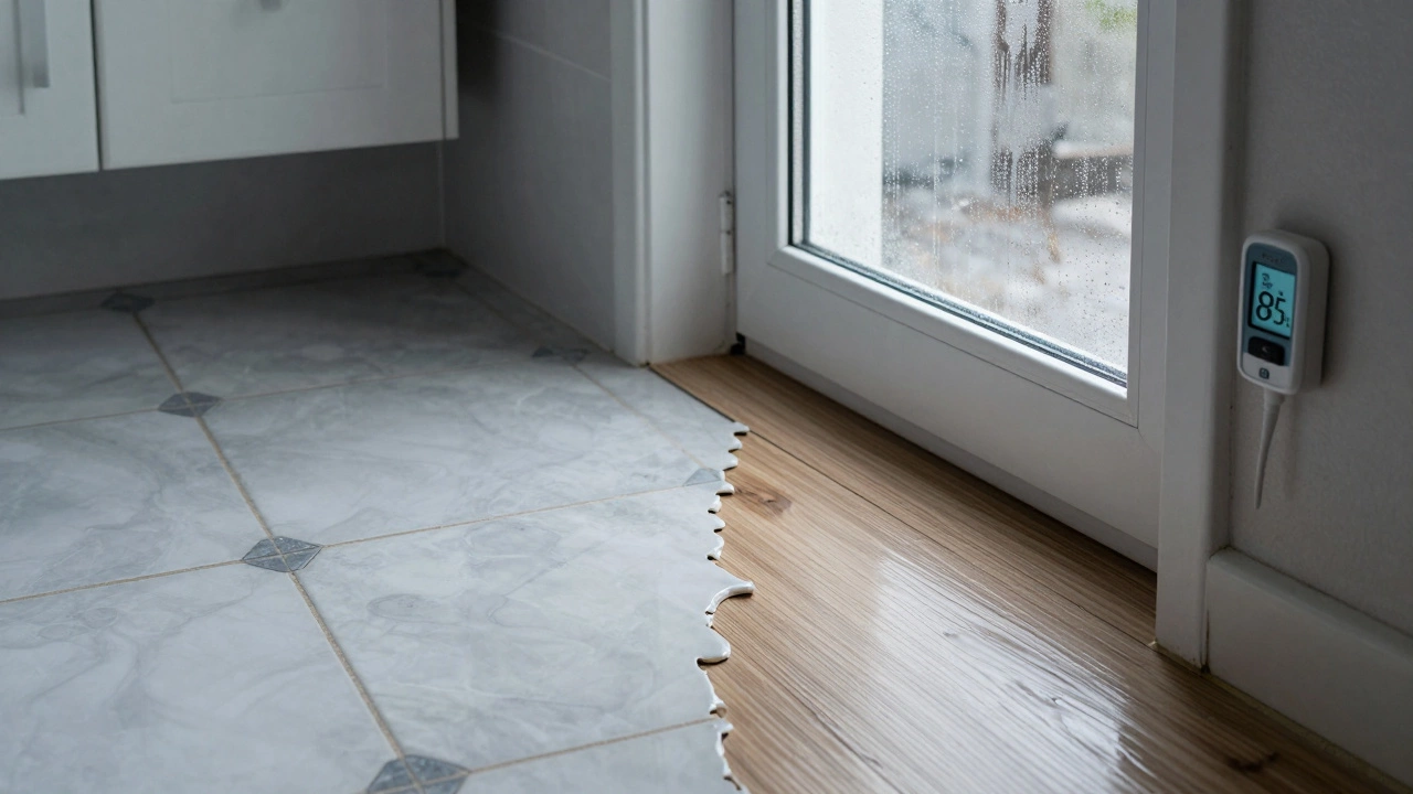 Сравнение плитки и ламината на полу в ванной: одна сторона целая, другая вздулась от влаги, на окне конденсат.