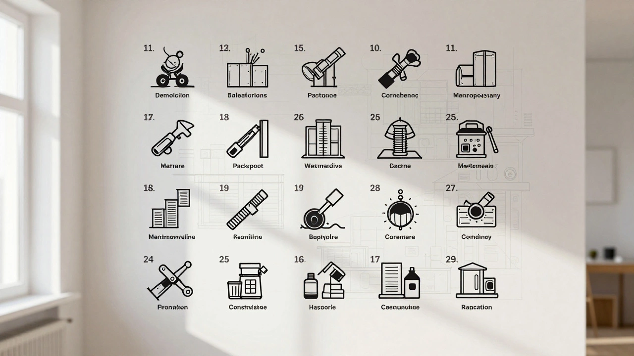 Стена с 15 иконками, обозначающими основные этапы строительных работ при ремонте квартиры.