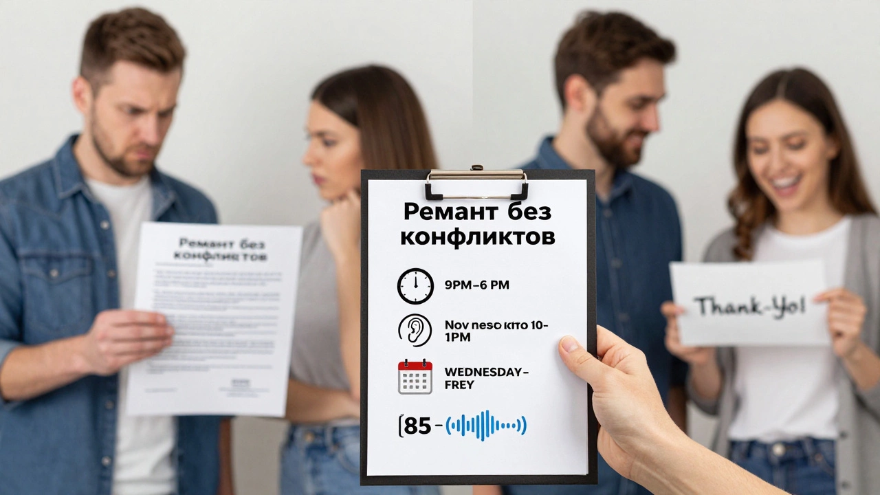 Чек-лист ремонта без конфликтов: время, уровень шума, дни недели — справа мир, слева конфликт.