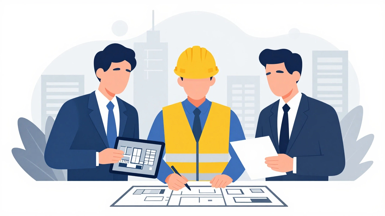 Иллюстрация специалистов архитектора и прораба над планом дома.