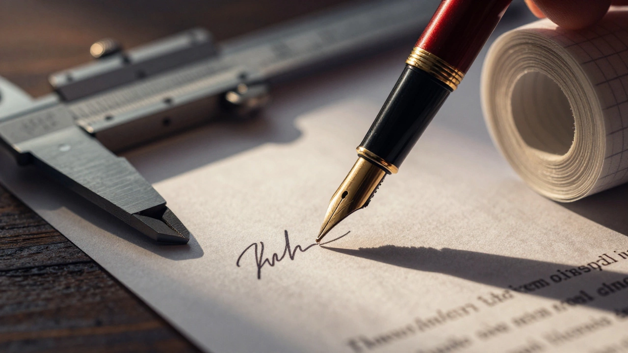 Крупный план руки подписывающей договор и строительных инструментов.