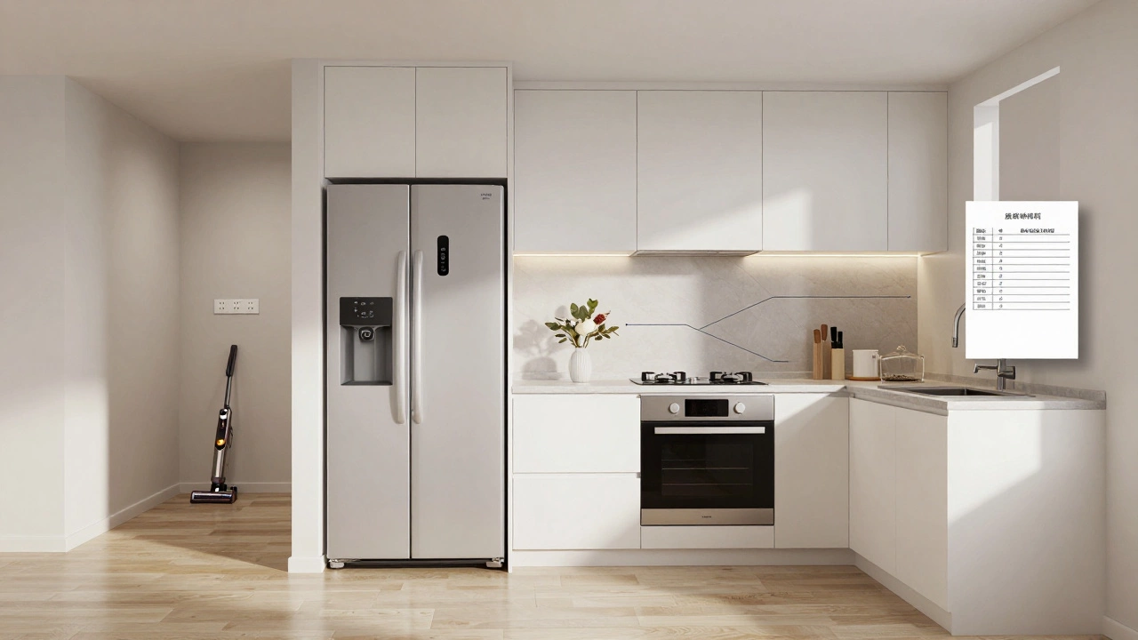 Кухня с точным размещением техники и аннотированными схемами освещения и материалов.