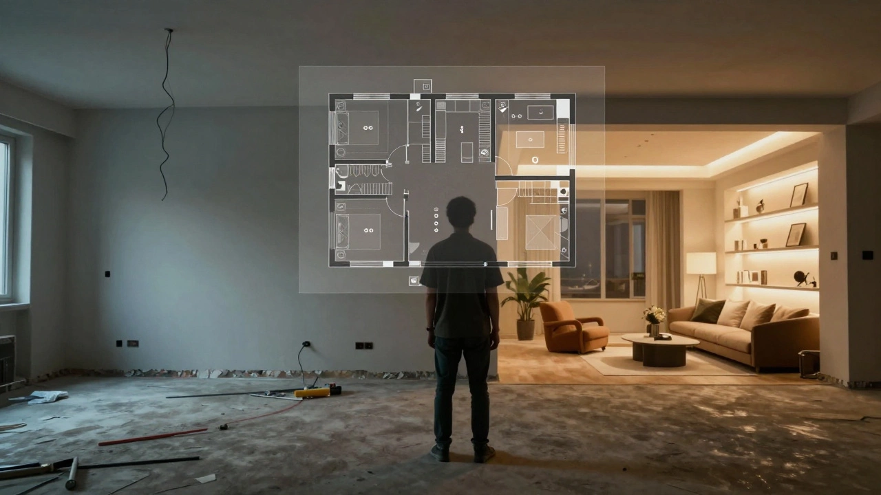 Половина квартиры — сырая стройка, другая половина — законченный интерьер с подсветкой и мебелью, над ними прозрачный план планировки.