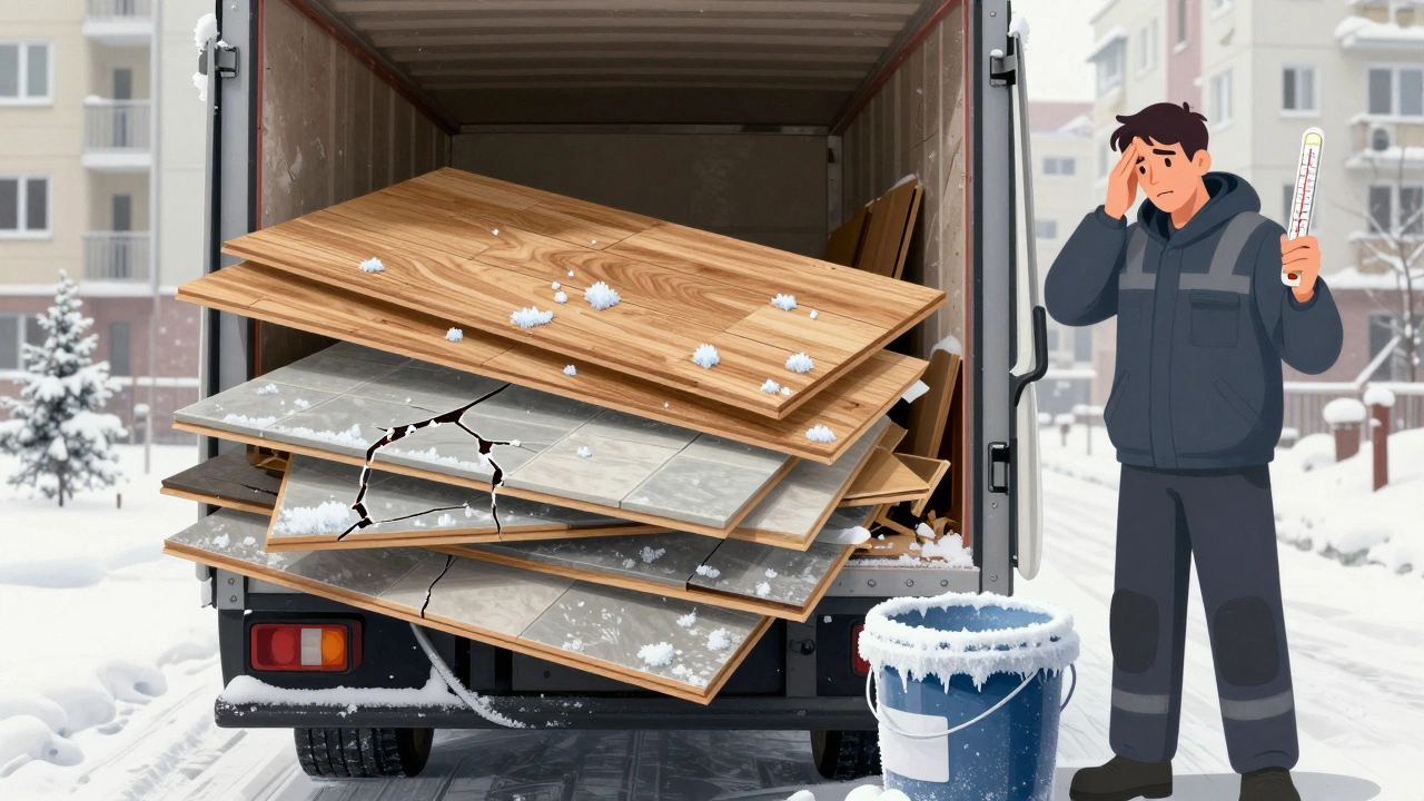 Поврежденные строительные материалы в замерзшем грузовике при минус 20 градусов.