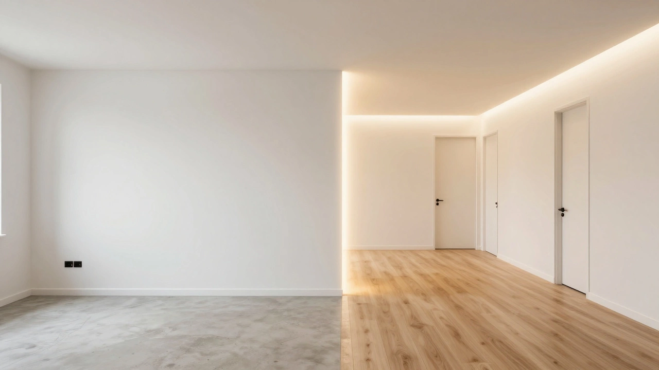 Преобразование квартиры из 'белой коробки' в готовый интерьер с напольным покрытием и освещением.