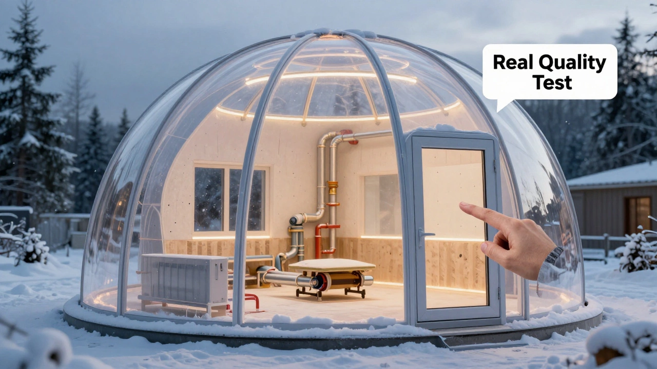 Прозрачная квартира с видимыми системами отопления и сухой отделкой при морозе за окном.