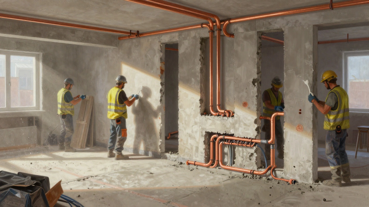 Рабочие устанавливают электрику и сантехнику во время ремонта