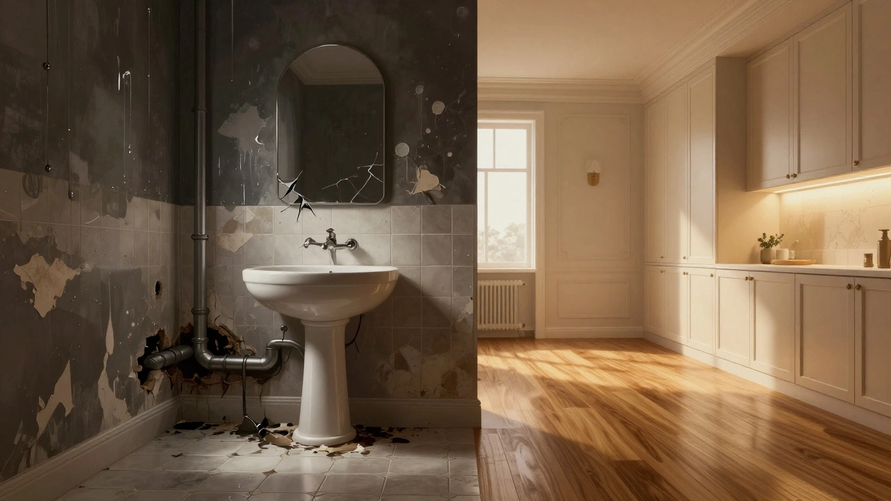 Разделённая квартира: слева — треснувшая плитка и протекающие трубы, справа — современный интерьер с ламинатом и мебелью.