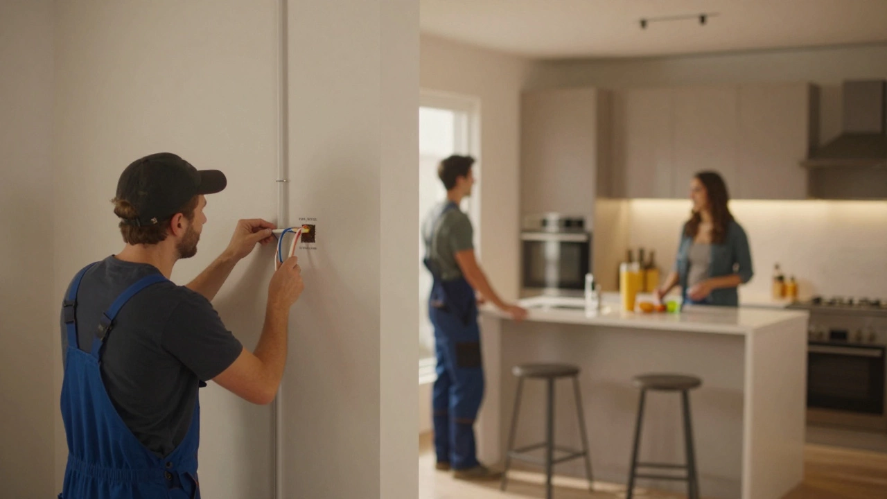Современная квартира с видом на скрытую работу: мастер устанавливает трубы и кабели за стеной, пока хозяева наслаждаются результатом.