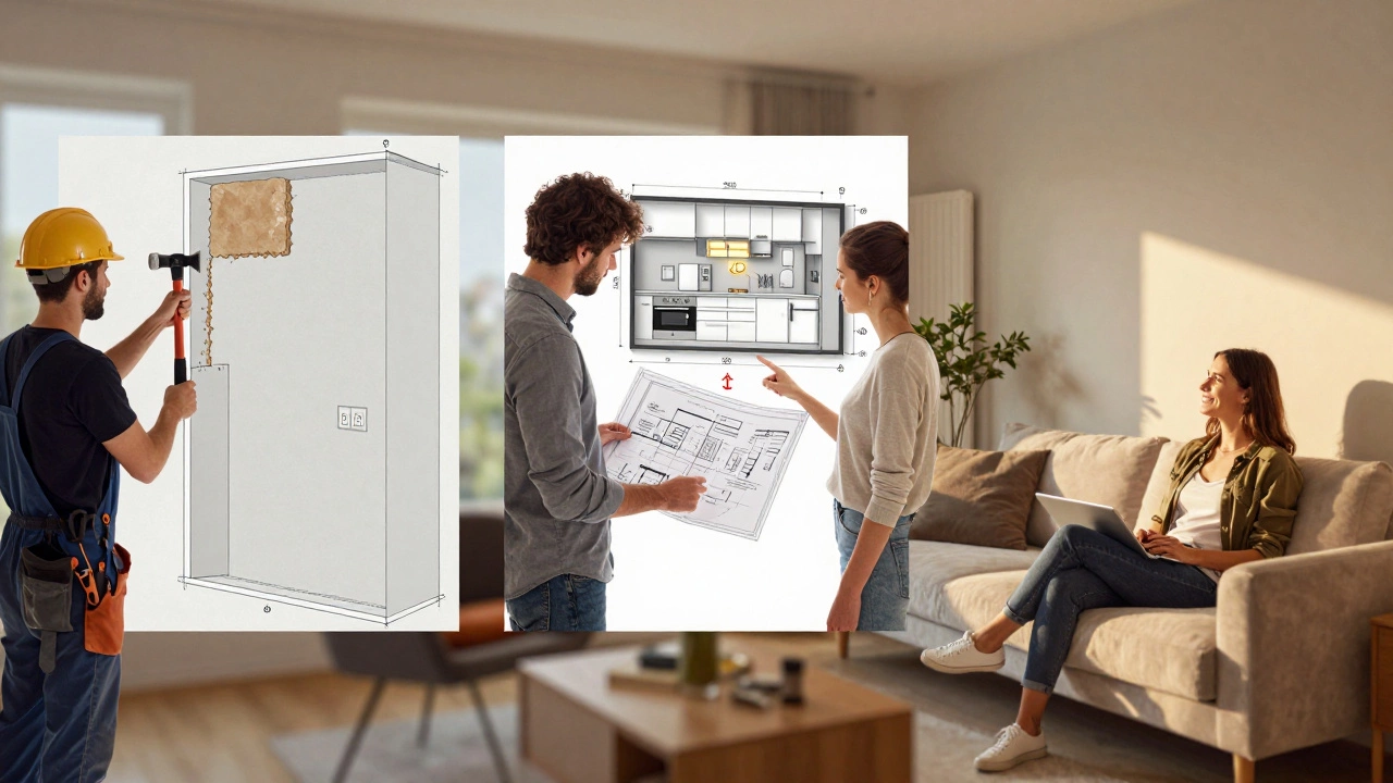 Строитель перестраивает стену, дизайнер показывает клиенту 3D-макет кухни, а затем человек сидит в готовой, уютной комнате.