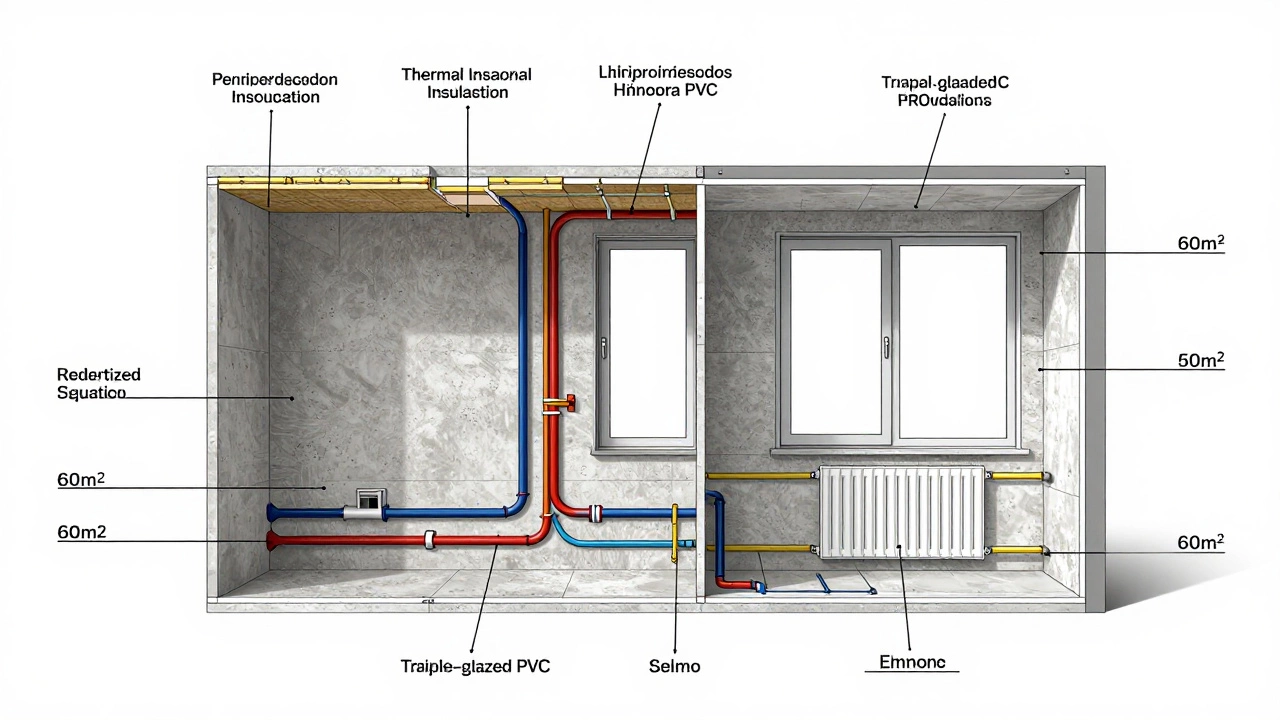 Технический разрез квартиры с указанием слоев стяжки, труб, электропроводки и окон.