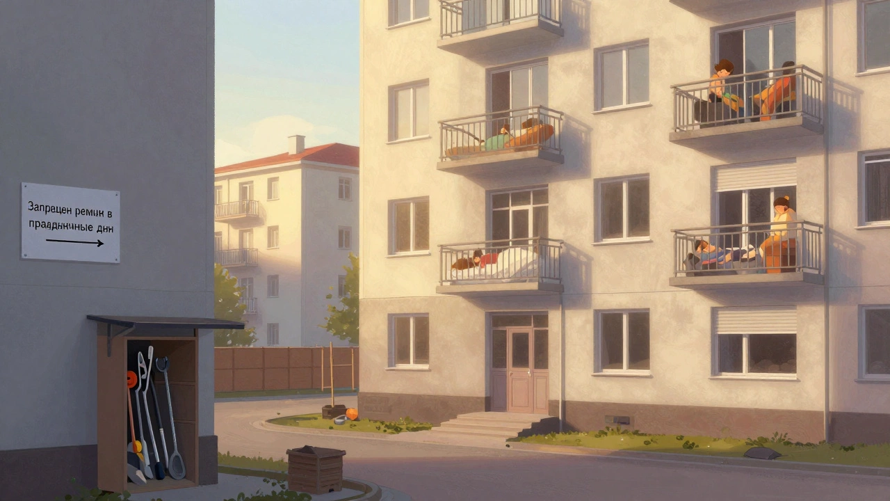 Утро праздничного дня в многоквартирном доме: тишина, закрытые жалюзи, инструменты спрятаны.