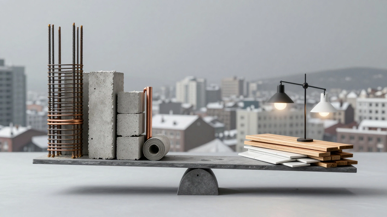 Весы: с одной стороны — бетон, трубы и утеплитель, с другой — плитка и светильники, тяжёлая сторона опускается.