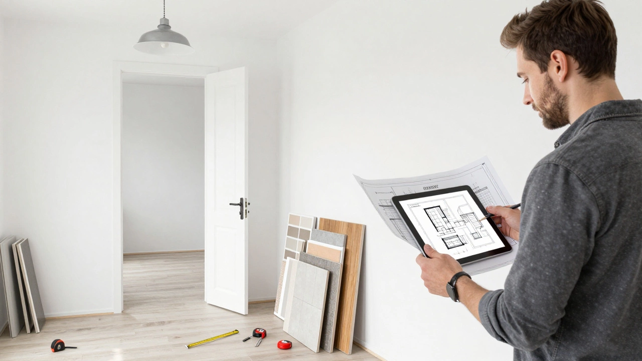 Владелец рассматривает планы ремонта в пустой квартире с образцами материалов на полу.