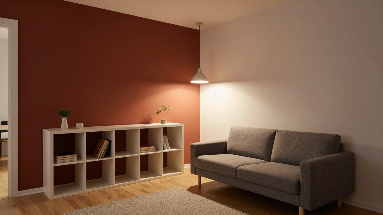 Гостиная в минималистичном стиле с одной акцентной стеной и модульной мебелью