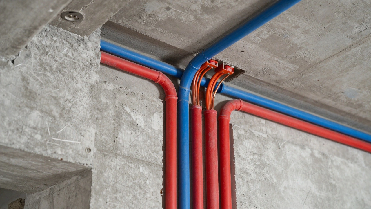 Новая электропроводка и трубы водоснабжения в бетонной стене