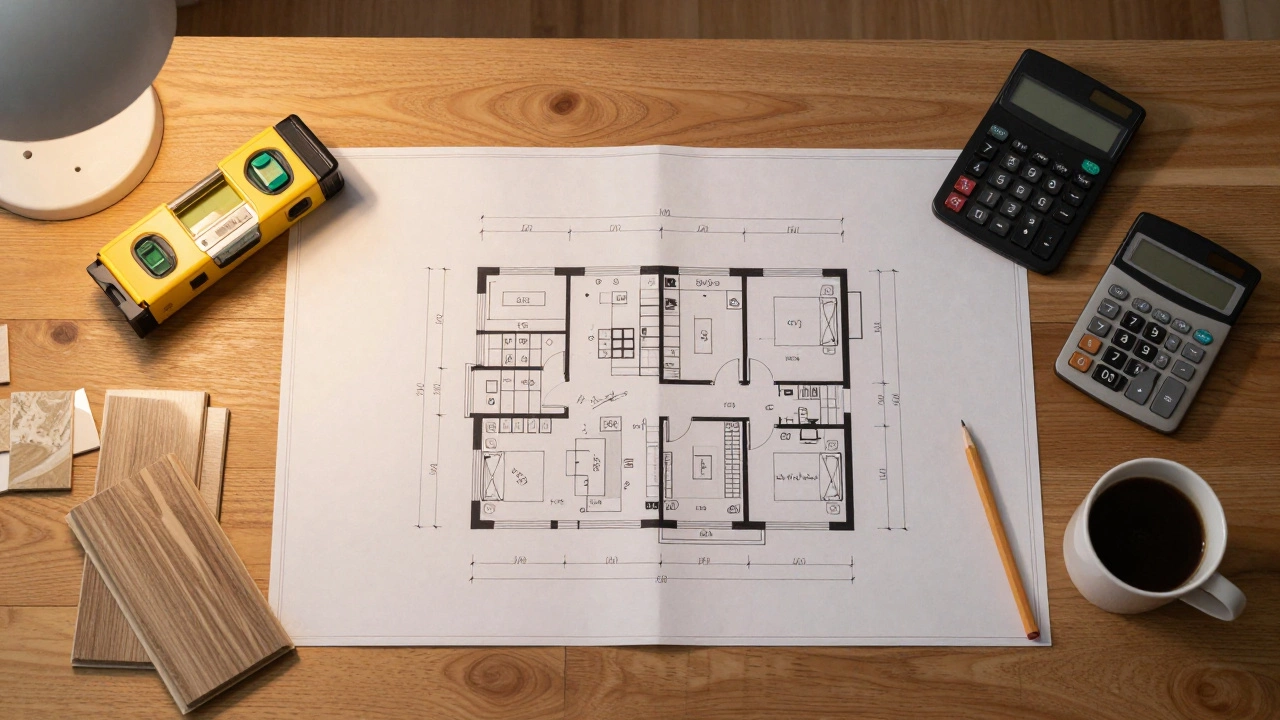 Рабочий стол с чертежом квартиры, лазерным уровнем и образцами ламината