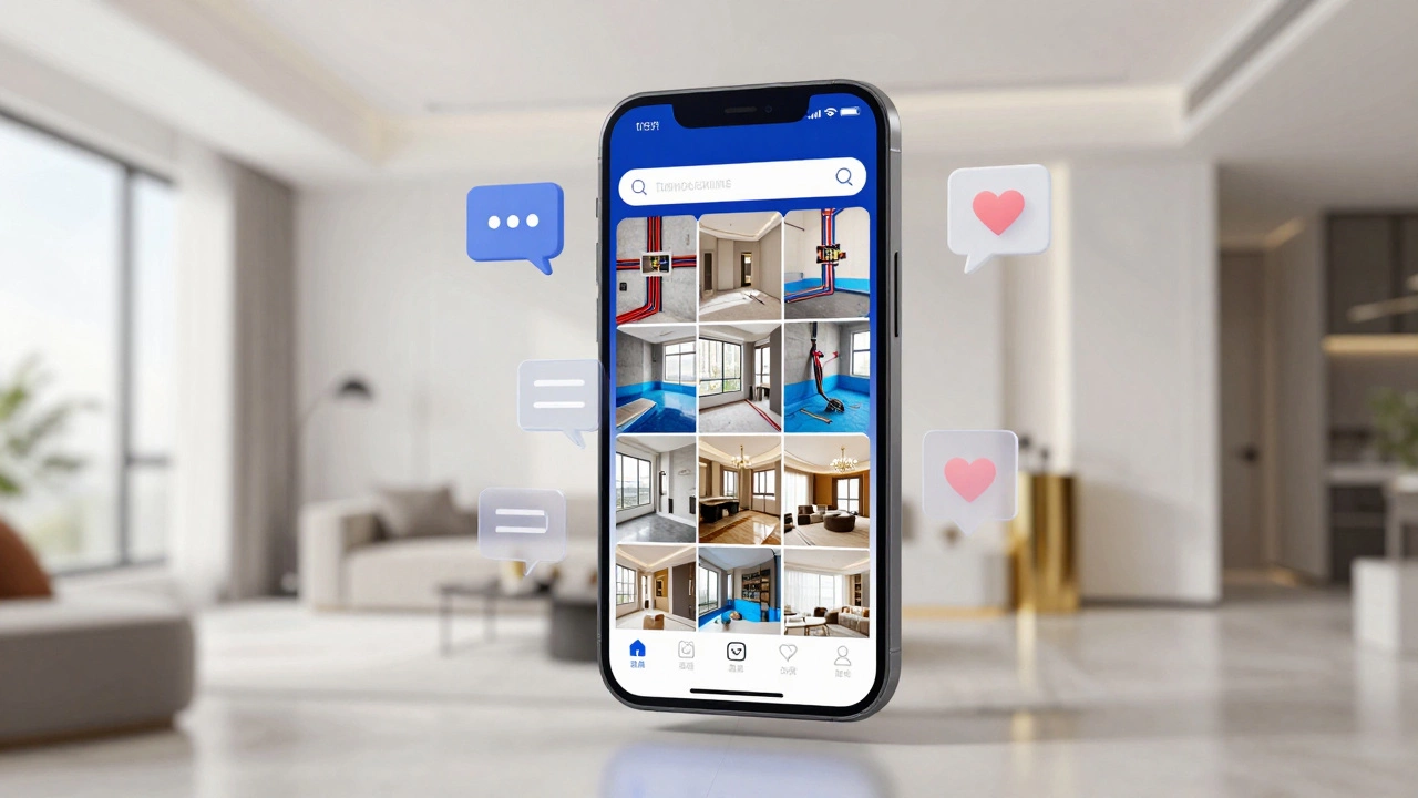 Смартфон с профилем строителя в соцсетях на фоне современного ремонта