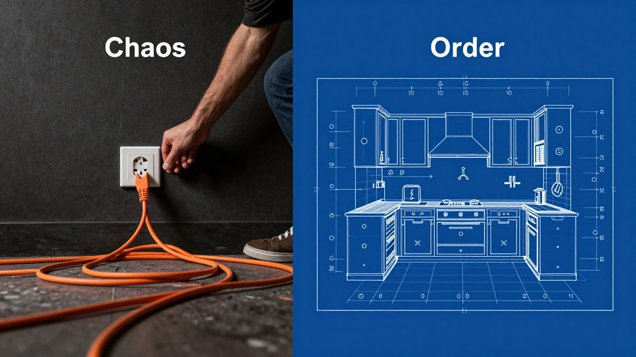 Сравнение хаоса с удлинителями и четкого технического чертежа планировки квартиры
