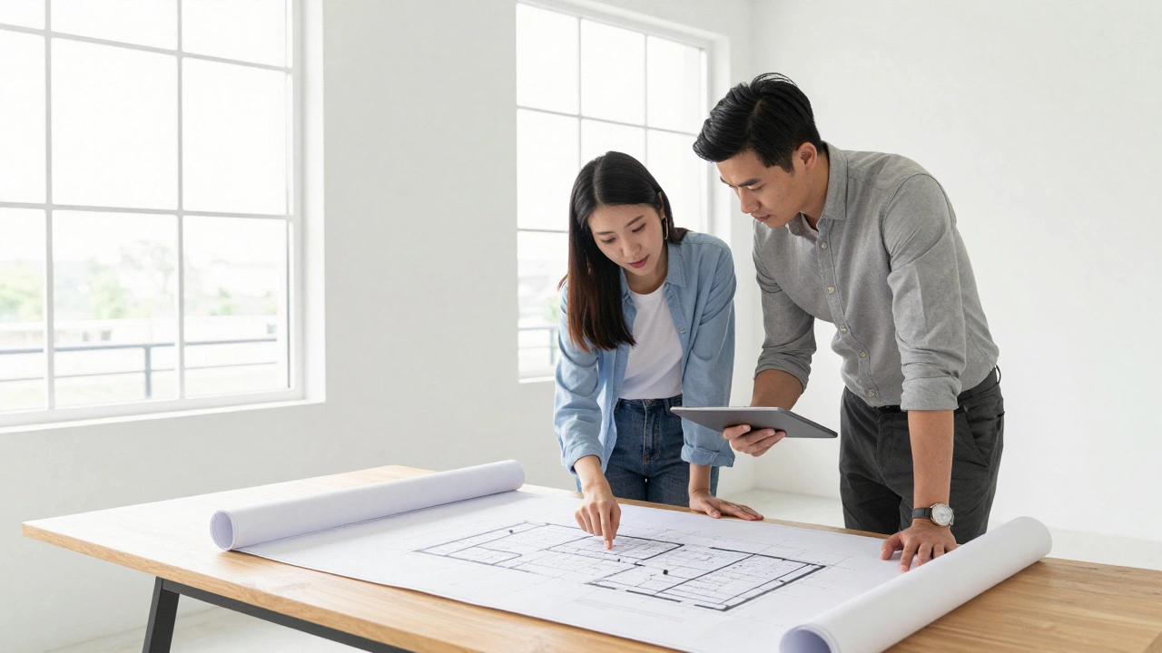 Строитель и дизайнер интерьера обсуждают проект квартиры над чертежом